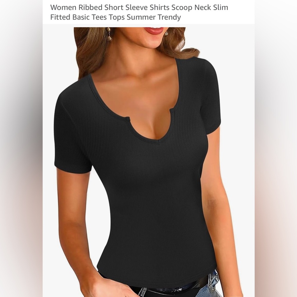 Amazon | NWT Black Medium Ribbed Short Sleeve Scoop Neck Slim Fitted Basic Top